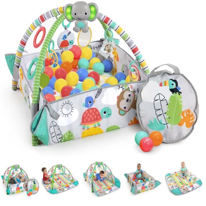 BRIGHT STARTS Tapis d'éveil bébé, parc a balles, Tropical, 5 modes de jeu - 40 balles - 7 jouets détachables, Cadeau Noël bébé