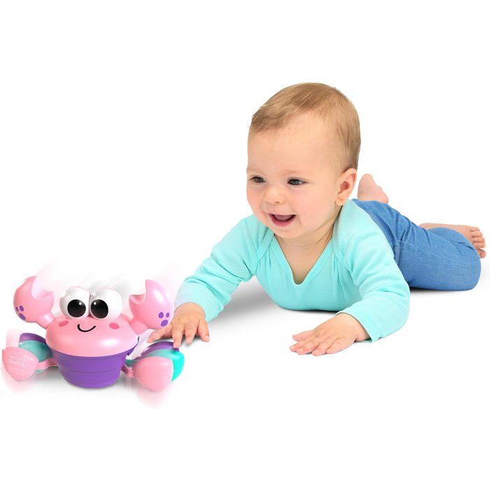 BRIGHT STARTS Crabe qui marche, Jouet bébé 6M+, jouet musical, jouet de motricité globale et fine, capteurs a obstacle, rose