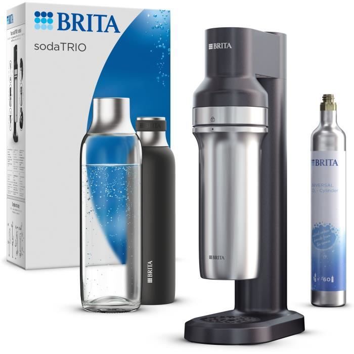 BRITA sodaTRIO noire - 1x bouteille en verre (0,9L), 1x bouteille en acier inoxydable (0,5L) & 1x cylindre de CO2 BRITA