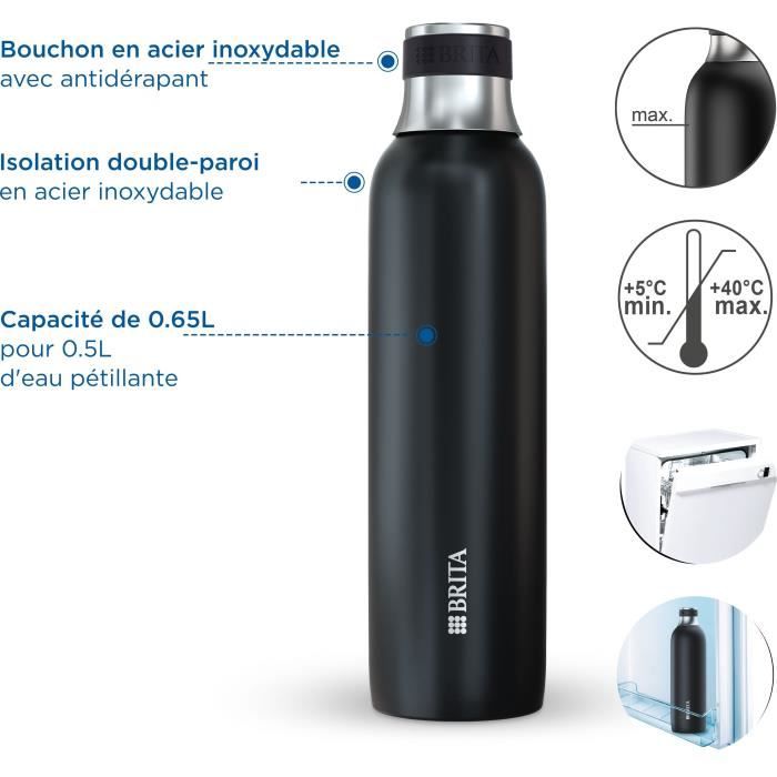 Bouteille isotherme BRITA - Compatible SodaTRIO - Capacité 0,65L - Acier Inoxydable - Noire