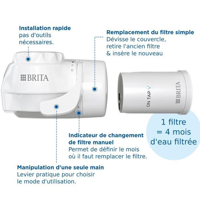 Systeme filtration a eau BRITA - ON TAP - Jusqu'a 4 mois d'eau filtrée - 3 modes d'utilisations - 5 adaptateurs inclus