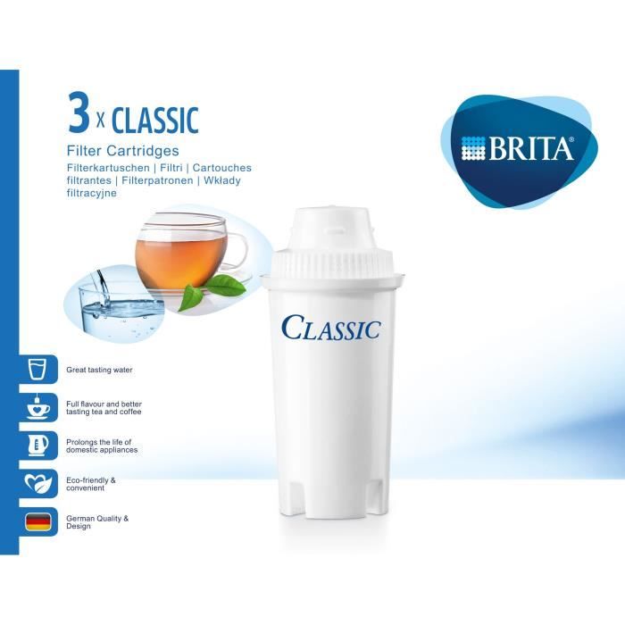 Cartouches filtrantes BRITA Classic - Pack de 3 - RÈduction de tartre, chlore et impuretÈs - Blanc