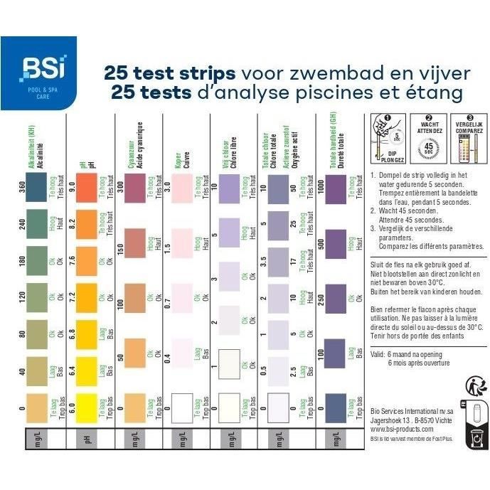 Bandelettes de test - BSI - Mesure la qualité de l'eau - Test Strips - Piscine Et Spa - 7 en 1 - 25 Bandelettes