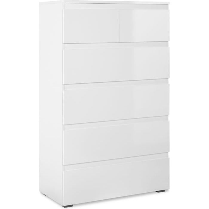 Commode CAPETOWN - Décor blanc brillant - 6 Tiroirs - L80 x H131,5 x P40 cm
