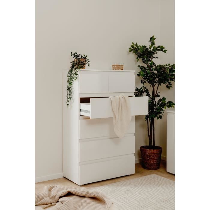Commode CAPETOWN 6 Tiroirs - Décor blanc brillant - L80 x P40 x H131,5cm