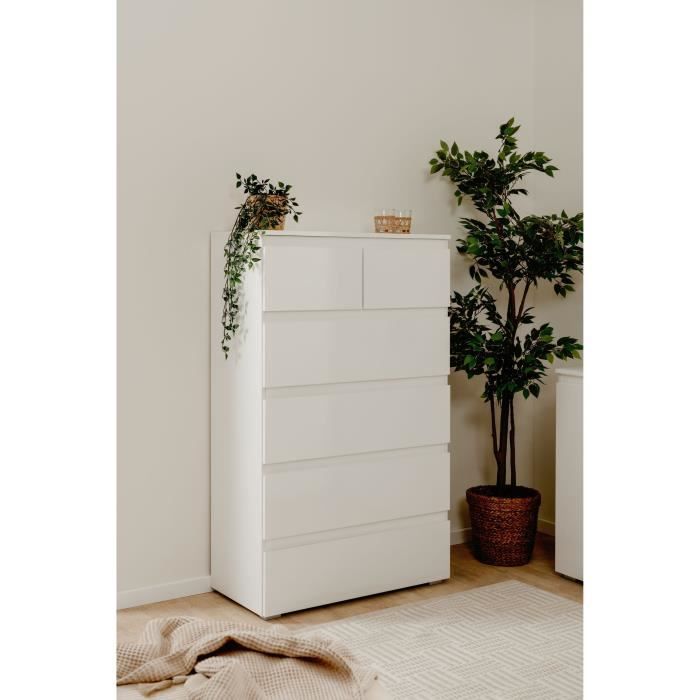 Commode CAPETOWN - Décor blanc brillant - 6 Tiroirs - L80 x H131,5 x P40 cm