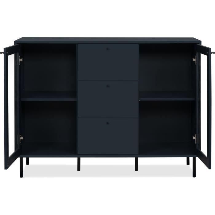 Buffet salle a manger CARACAS - DÈcor bleu navy - 2 portes vitrÈes + 3 tiroirs - L120 x H90 x P40 cm