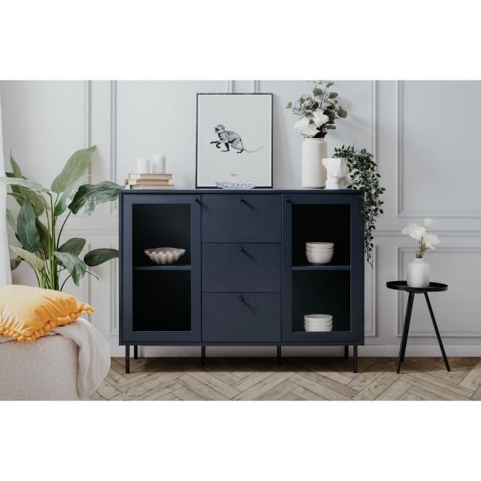 Buffet salle a manger CARACAS - DÈcor bleu navy - 2 portes vitrÈes + 3 tiroirs - L120 x H90 x P40 cm