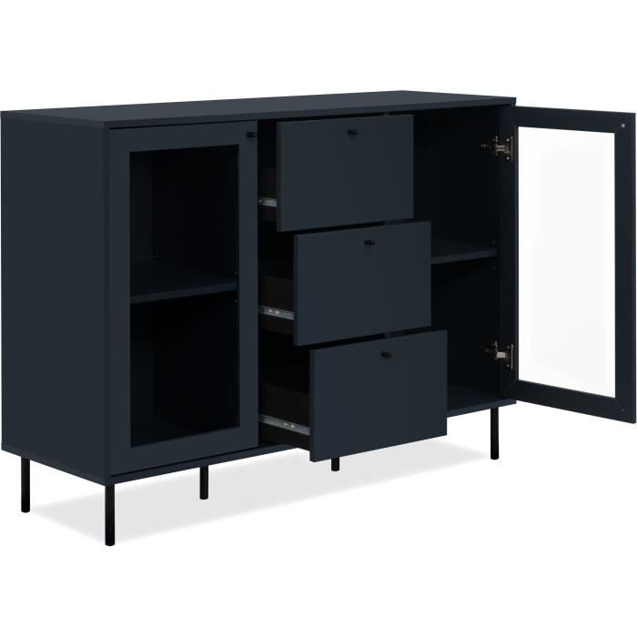 Buffet salle a manger CARACAS - DÈcor bleu navy - 2 portes vitrÈes + 3 tiroirs - L120 x H90 x P40 cm