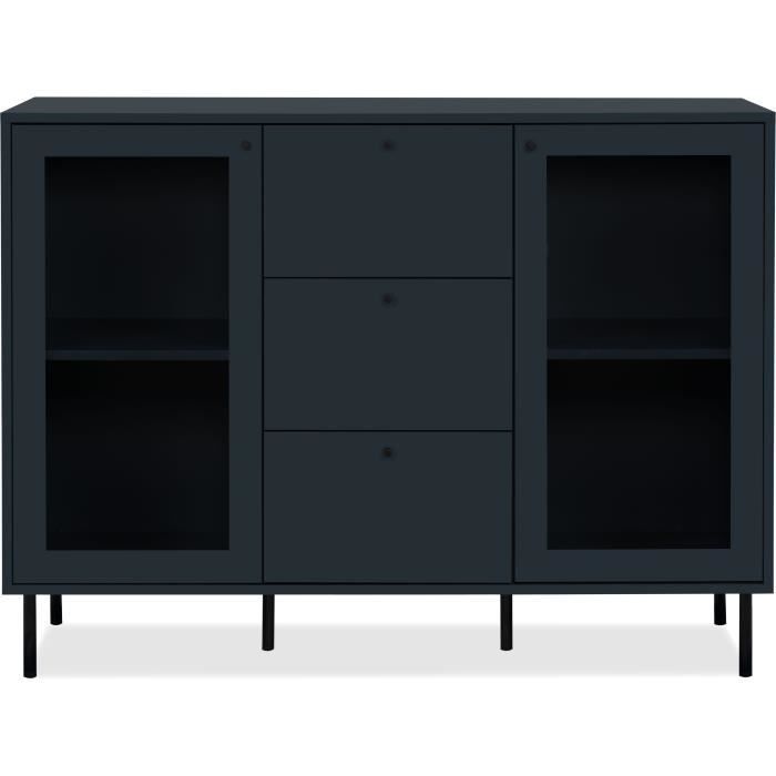 Buffet salle a manger CARACAS - DÈcor bleu navy - 2 portes vitrÈes + 3 tiroirs - L120 x H90 x P40 cm