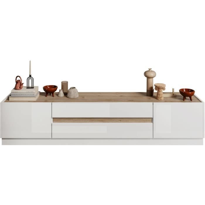 Meuble TV - FIRENZE - 2 portes - 2 tiroirs - Blanc laqué - Chene Cadiz - 205 x 40 x 44 cm