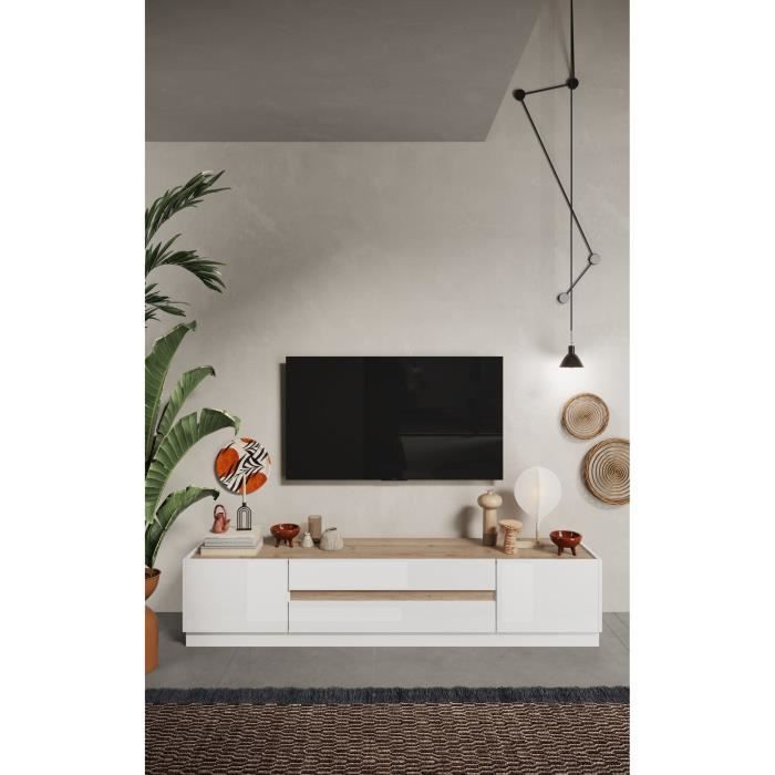 Meuble TV - FIRENZE - 2 portes - 2 tiroirs - Blanc laqué - Chene Cadiz - 205 x 40 x 44 cm