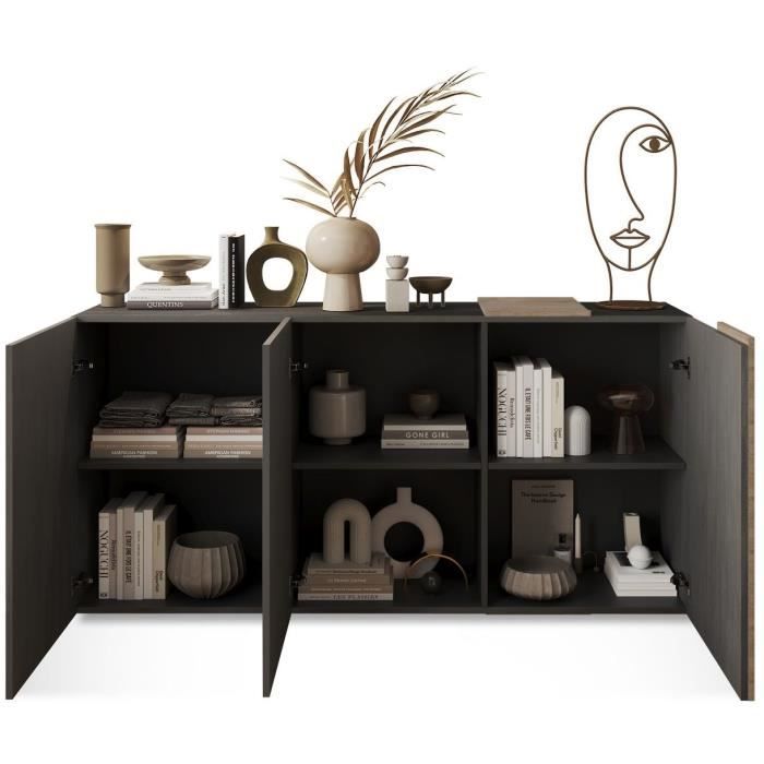 Buffet - VENEZIA - 3 portes - Gris titan mat - Chene Cadiz - 181 x 44 x 84 cm