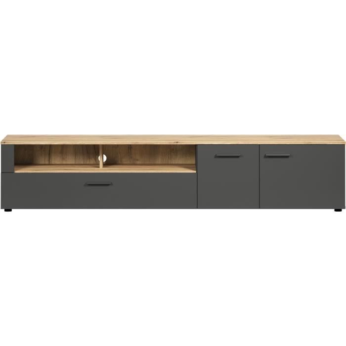 Meuble TV - Esteban - Urbain - En panneaux de particules - Chene blond / gris anthracite mat - 210 x 43 x 41 cm - Trendteam