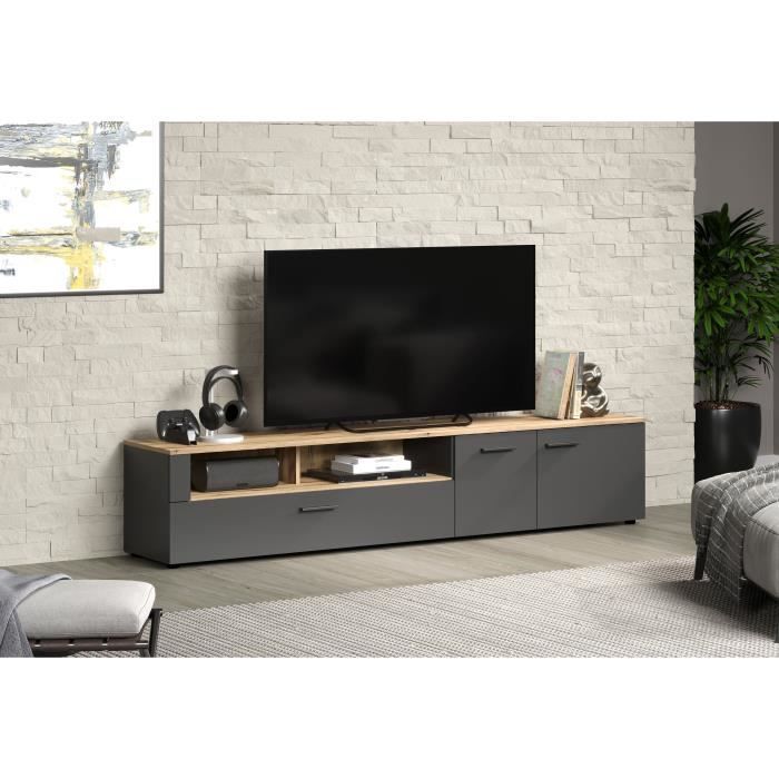 Meuble TV - Esteban - Urbain - En panneaux de particules - Chene blond / gris anthracite mat - 210 x 43 x 41 cm - Trendteam