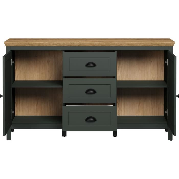 Buffet - Stanton - Vert profond / chene naturel - 2 portes - 3 tiroirs - 146cm x 45cm x 86cm