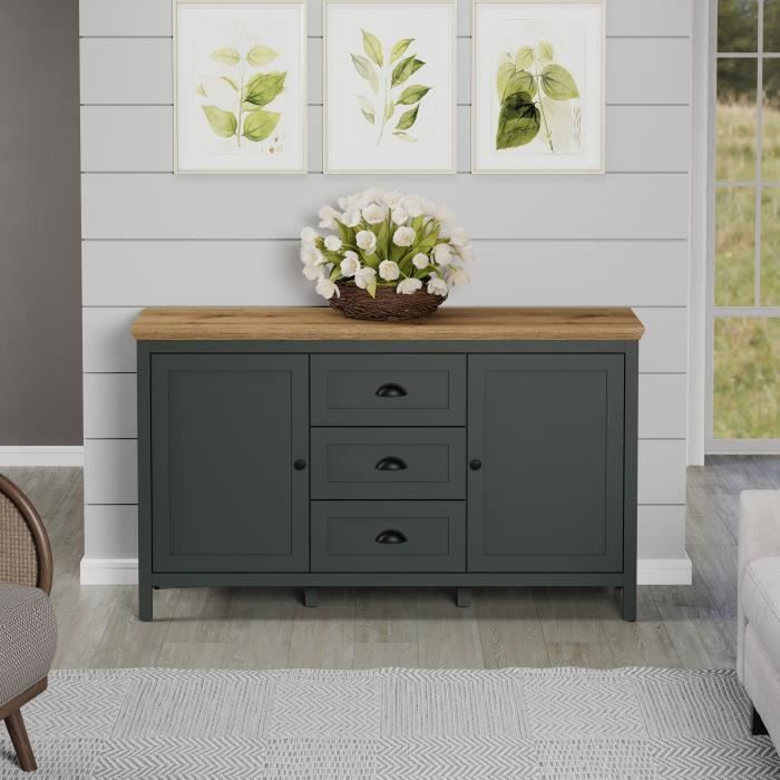 Buffet - Stanton - Vert profond / chene naturel - 2 portes - 3 tiroirs - 146cm x 45cm x 86cm