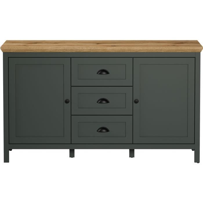 Buffet - Stanton - Vert profond / chene naturel - 2 portes - 3 tiroirs - 146cm x 45cm x 86cm