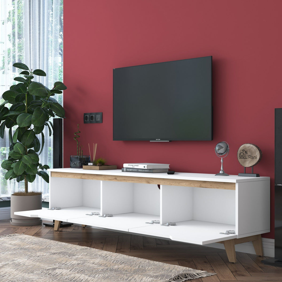 Meuble TV - D1 - Blanc / Noyer - Rangement supplémentaire - 180 x 49 x 35 cm
