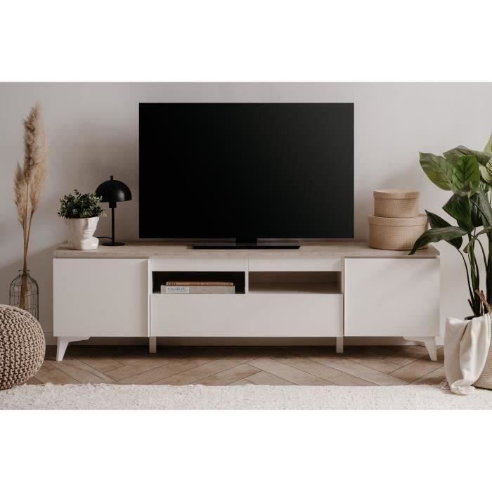 Meuble TV Bertrix 56A - DÈcor travertin / blanc - Panneaux de particules - 177 x 51,5 x 40 cm