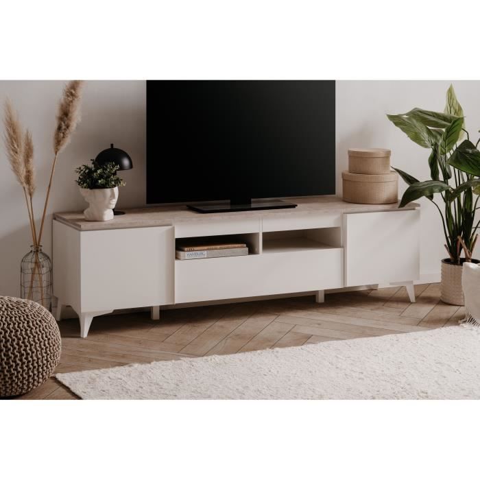 Meuble TV Bertrix 56A - DÈcor travertin / blanc - Panneaux de particules - 177 x 51,5 x 40 cm