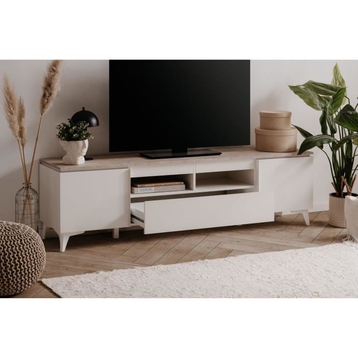 Meuble TV Bertrix 56A - DÈcor travertin / blanc - Panneaux de particules - 177 x 51,5 x 40 cm