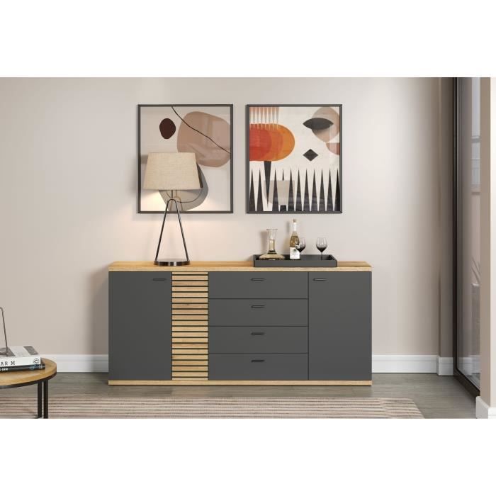 Buffet - Norris - En panneaux de particules - Chene blond / gris anthracite - 3 portes - 3 tiroirs - Contemporain - Trendteam