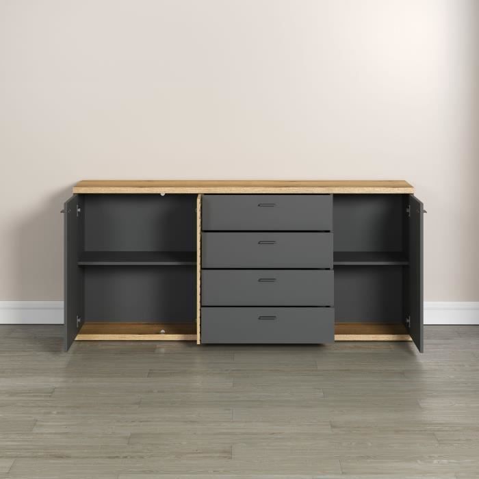 Buffet - Norris - En panneaux de particules - Chene blond / gris anthracite - 3 portes - 3 tiroirs - Contemporain - Trendteam