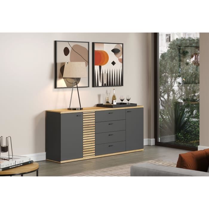 Buffet - Norris - En panneaux de particules - Chene blond / gris anthracite - 3 portes - 3 tiroirs - Contemporain - Trendteam