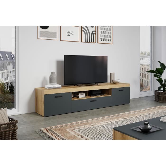 Meuble TV - Tyler - Urbain - En panneaux de particules - Gris anthracite mat / chene miel - 230 x 52 x 52 cm - Trendteam