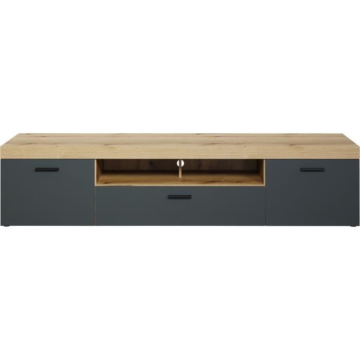 Meuble TV - Tyler - Urbain - En panneaux de particules - Gris anthracite mat / chene miel - 230 x 52 x 52 cm - Trendteam