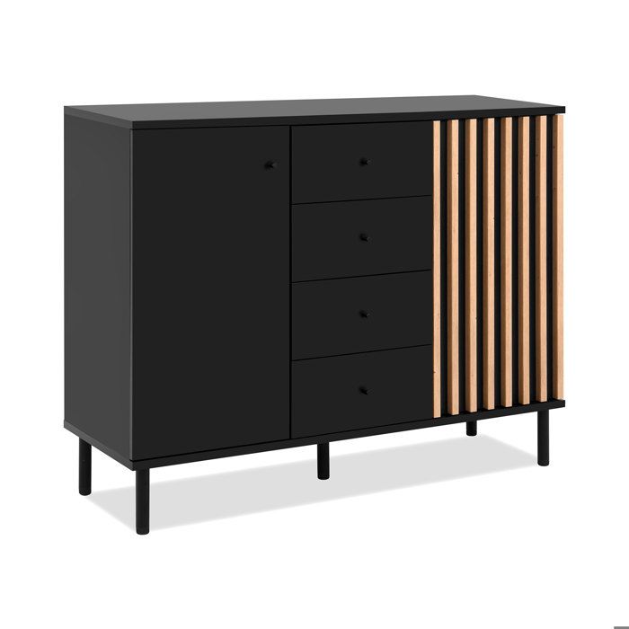 Buffet - MONZA 01B - Noir / Chene artisan - 2 portes - 4 tiroirs - 118 x 90 x 40 cm
