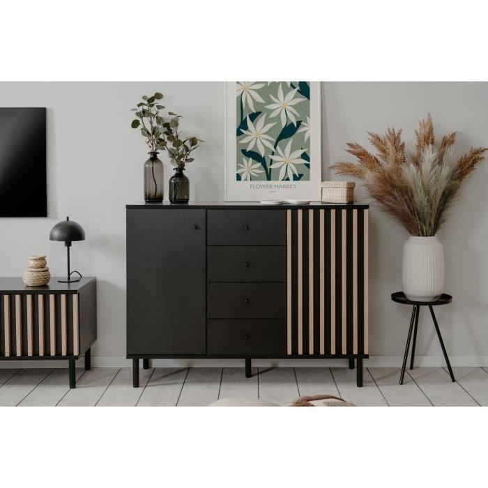 Buffet - MONZA 01B - Noir / Chene artisan - 2 portes - 4 tiroirs - 118 x 90 x 40 cm