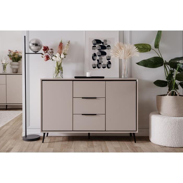 Buffet - ARONA 01B - Beige / Noir - 2 portes, 3 tiroirs - 135 x 90 x 38 cm