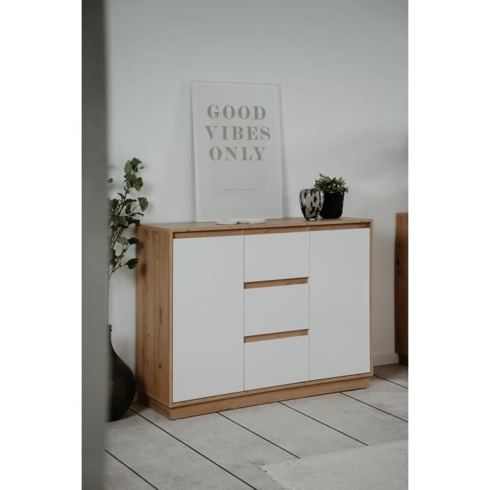 Buffet - PHoeNIX - Chene artisan / Blanc - 2 portes - 3 tiroirs - 117 x 88 x 40 cm