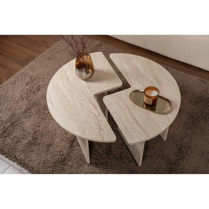 Table basse - MOIRA - Ronde - Effet marbre travertin - 90 x 90 x 41 cm