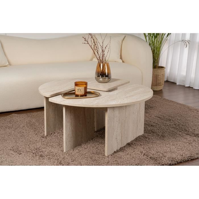 Table basse - MOIRA - Ronde - Effet marbre travertin - 90 x 90 x 41 cm