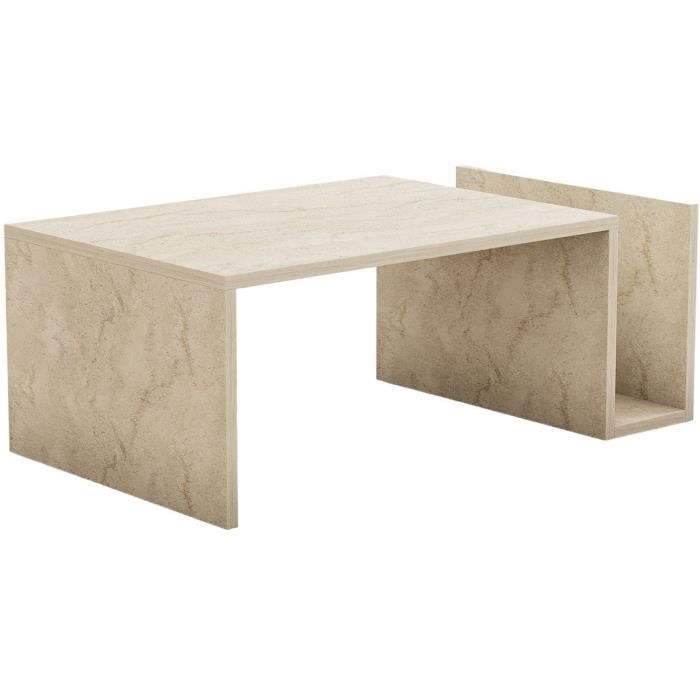 Table basse - MEMO - Rectangulaire - Effet marbre Travertin - 86,8 x 32,4 x 50 cm
