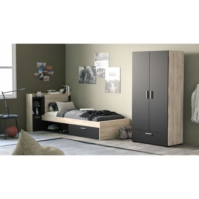 Lit enfant LIFE - 90x190/200 - Rangements - Décor Chene et noir - DEMEYERE - Fabriqué en France