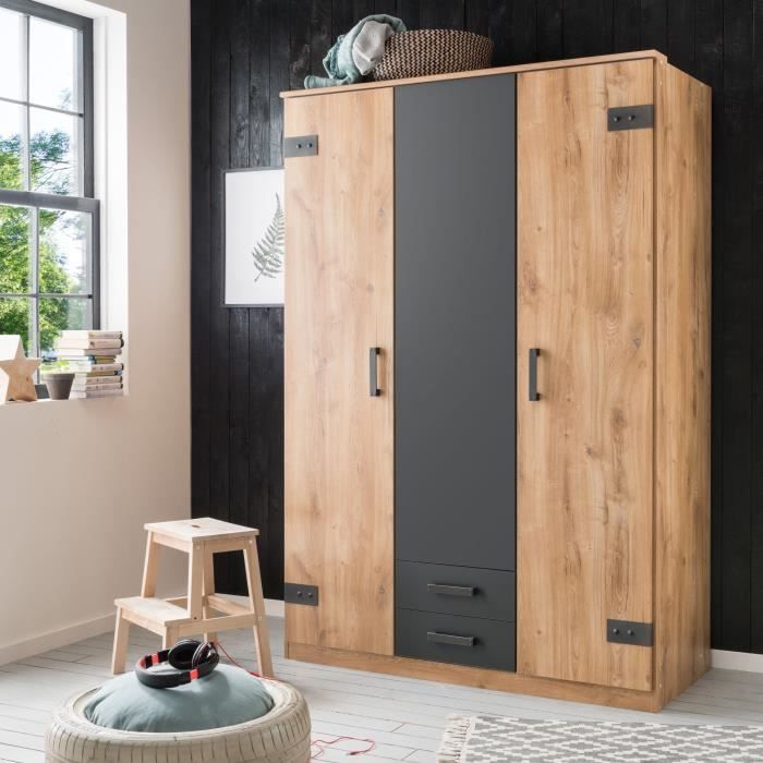 Armoire CORFOU - Décor Chene et gris anthracite - 3 portes battantes - 2 tiroirs - L135 x P58 x H199 cm