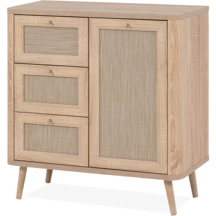 Petit meuble de rangement - 3 tiroirs - 1 porte - Décor Cannage - L80,9 x H84 x P40 cm