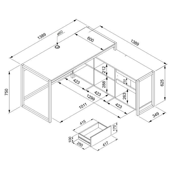 Bureau d'angle réversible Denver - Panneaux de particules - Coloris chene artisan, anthracite - 139 x 75 x 139 cm