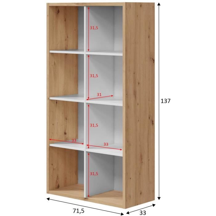 Bibliotheque Ètagere NOA - Blanc et chene - 8 cases - 137x71,5x33 cm