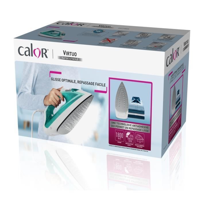 CALOR Fer a repasser vapeur, 1800 W, DÈbit vapeur 24 g/min, Pressing 80 g/min, DÈfroissage vertical, Virtuo, Bleu/vert FV1710C0