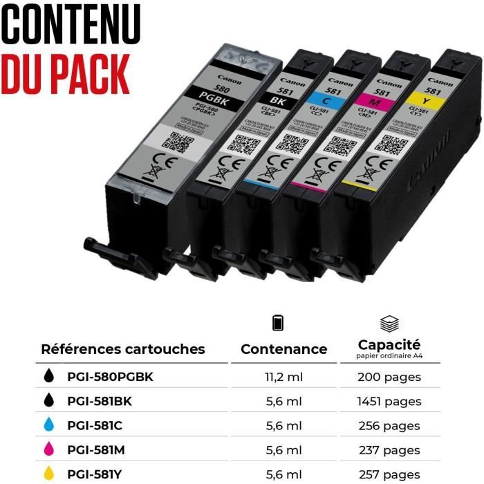 Cartouche d'encre - CANON - PGI-580/CLI-581 PGBK/C/M/Y/BK (2078C007) - Noir pigmenté, noir, cyan, magenta, jaune - Pack de 5