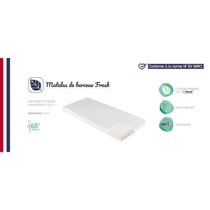 Matelas De Berceau Fresh CANDIDE 50x83x5cm, Sans Traitement, Idéal Cododo, Thermorégulant, Fabriqué En France, Garantie 5 Ans
