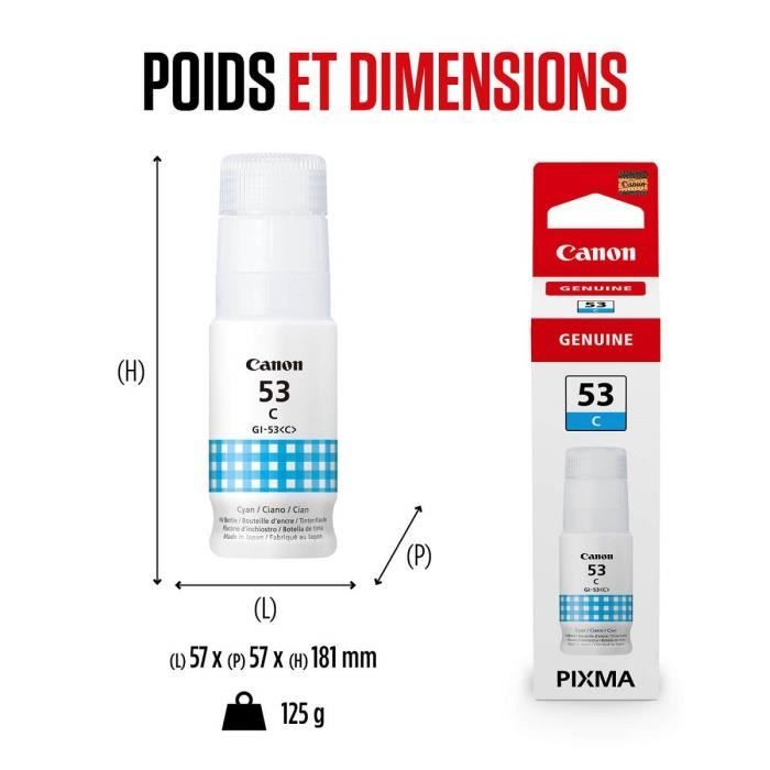 Bouteille d'encre - CANON - GI-53C - Cyan - Compatibilité PIXMA G650 et G550 - (4673C001)