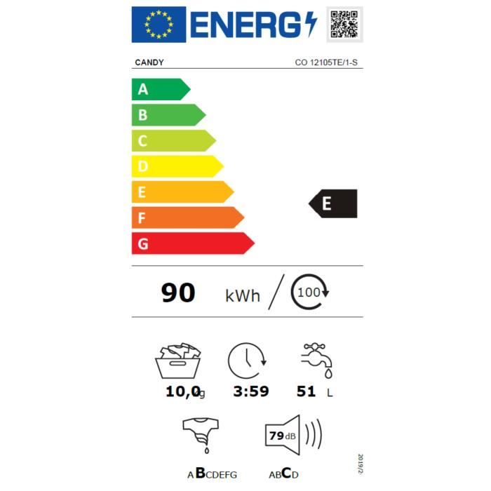 Lave-linge hublot CANDY CO12105TE/1-S - 10 kg - L60 cm - 1200 trs/min - ConnectÈ wi-fi + Bluetooth - Blanc