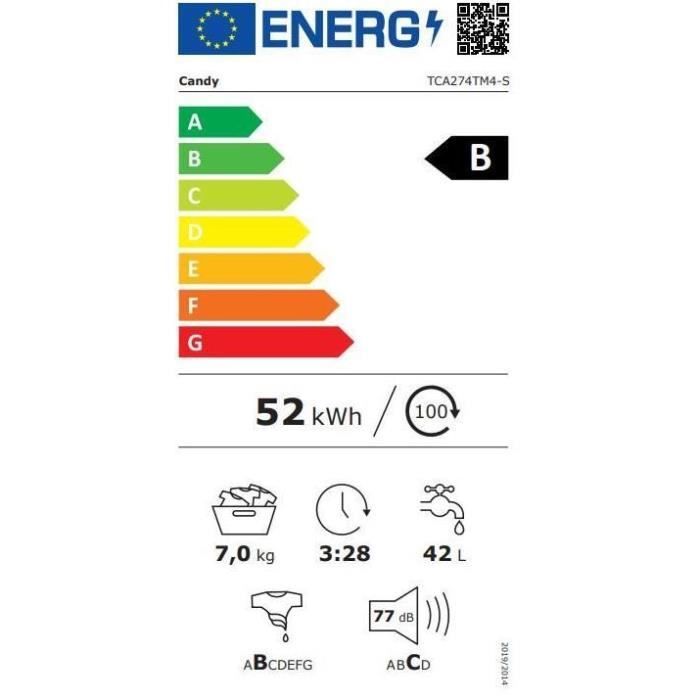 Lave-linge top CANDY TCA274TM4-S ProWash 500 -7 kg - 1200 trs/min - Connecté - Classe B - Blanc