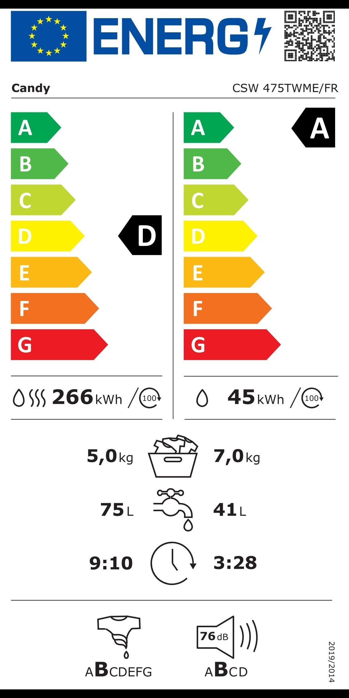 Lave-linge séchant CANDY CSW 475TWME/FR - 7 / 5 kg - Induction - 1400 trs/min - Blanc